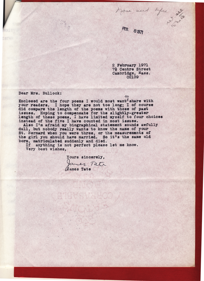 James Tate 1971 Letter